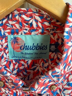 Chubbies Shirt Mens Large Red Blue Leaf Floral Stretch Short Sleeve Button Front